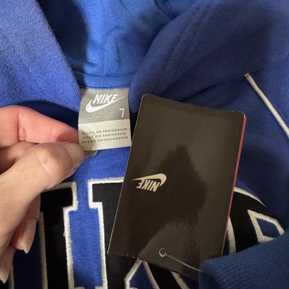 Vintage Nike grey tag blue Spell Out hoodie boys 7 NWT but flaw - Picture 2 of 3